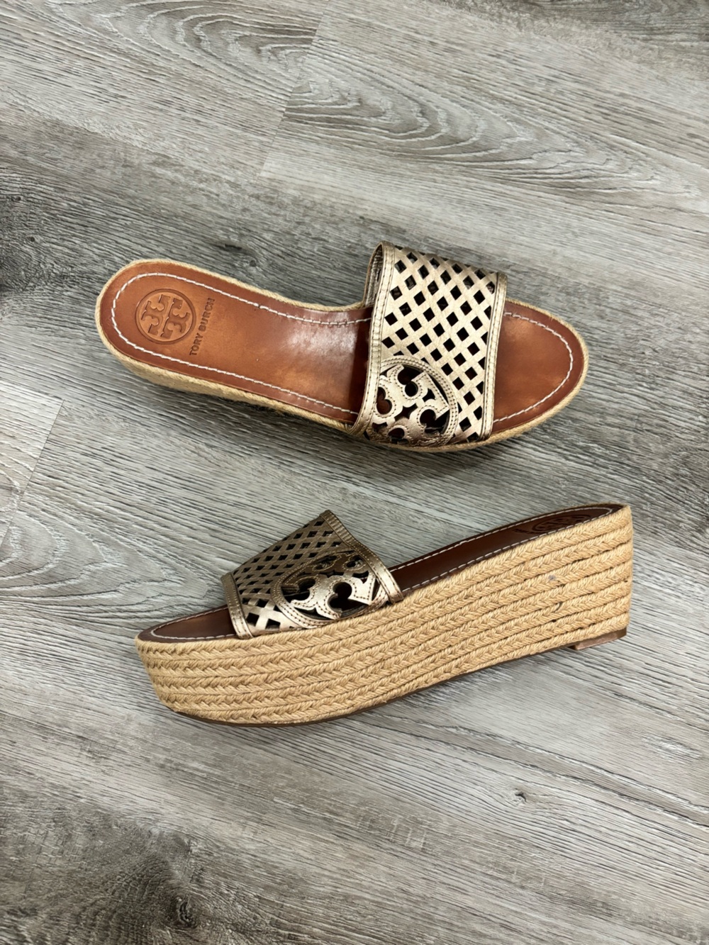 Tory Burch Metallic Gold Leather Espadrille Wedge Slides 9.5